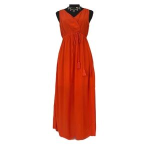 SHINESTAR ~ Orange Pleated Maxi Dress w/V-Neck Sleeveless and Side Slits size M